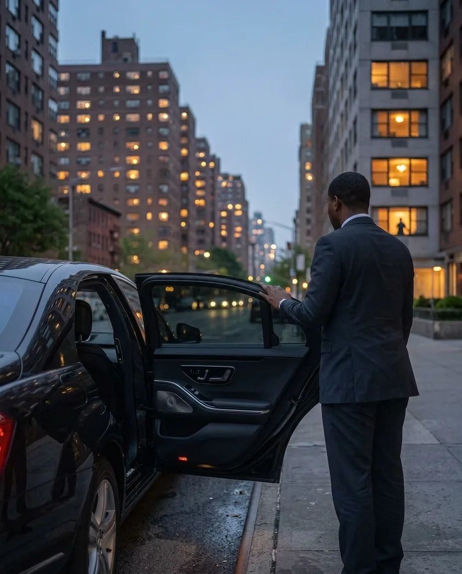 A chauffeur holding the rear door of a black sedan open outside a lit building at dusk.