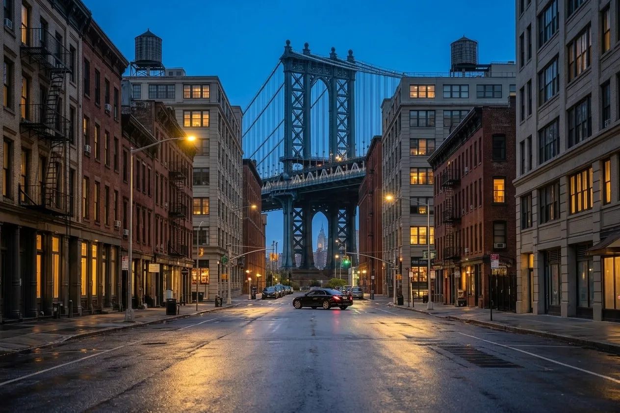 A black sedan crossing a Manhattan bridge approach at dusk.