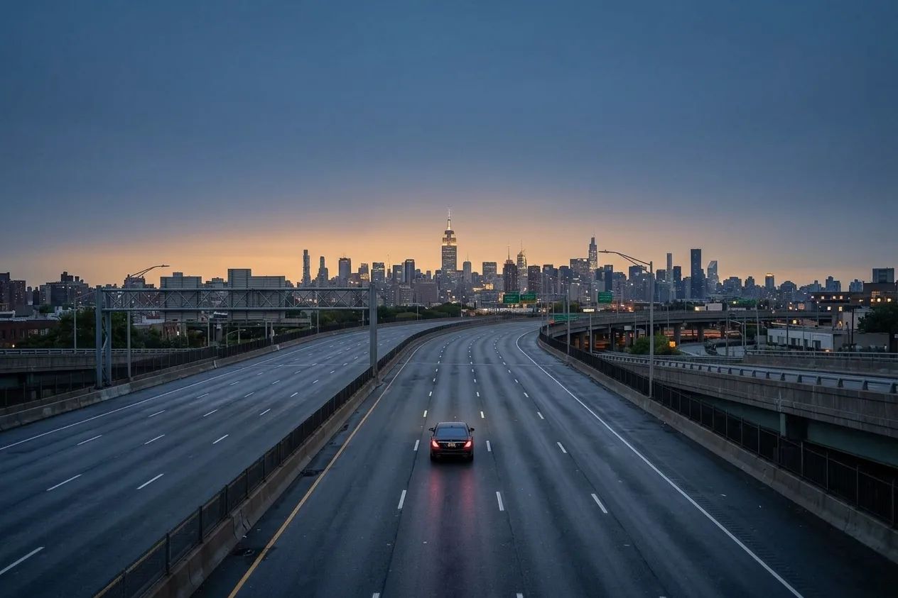 An open highway leaving the city toward another skyline at golden hour.