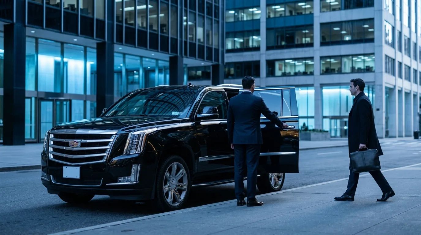 A chauffeur holding the rear door of a black Cadillac Escalade open for a business traveller outside an office building in New York.
