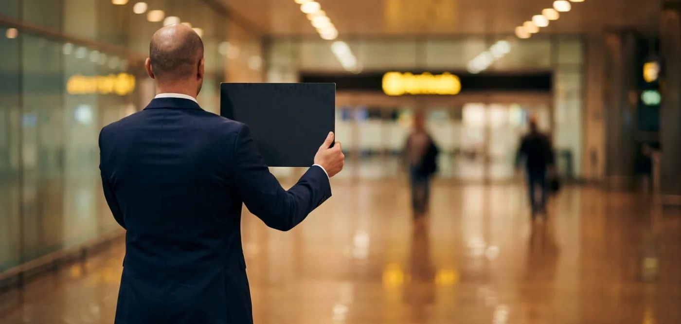 A chauffeur holding a name board at arrivals inside an airport terminal.
