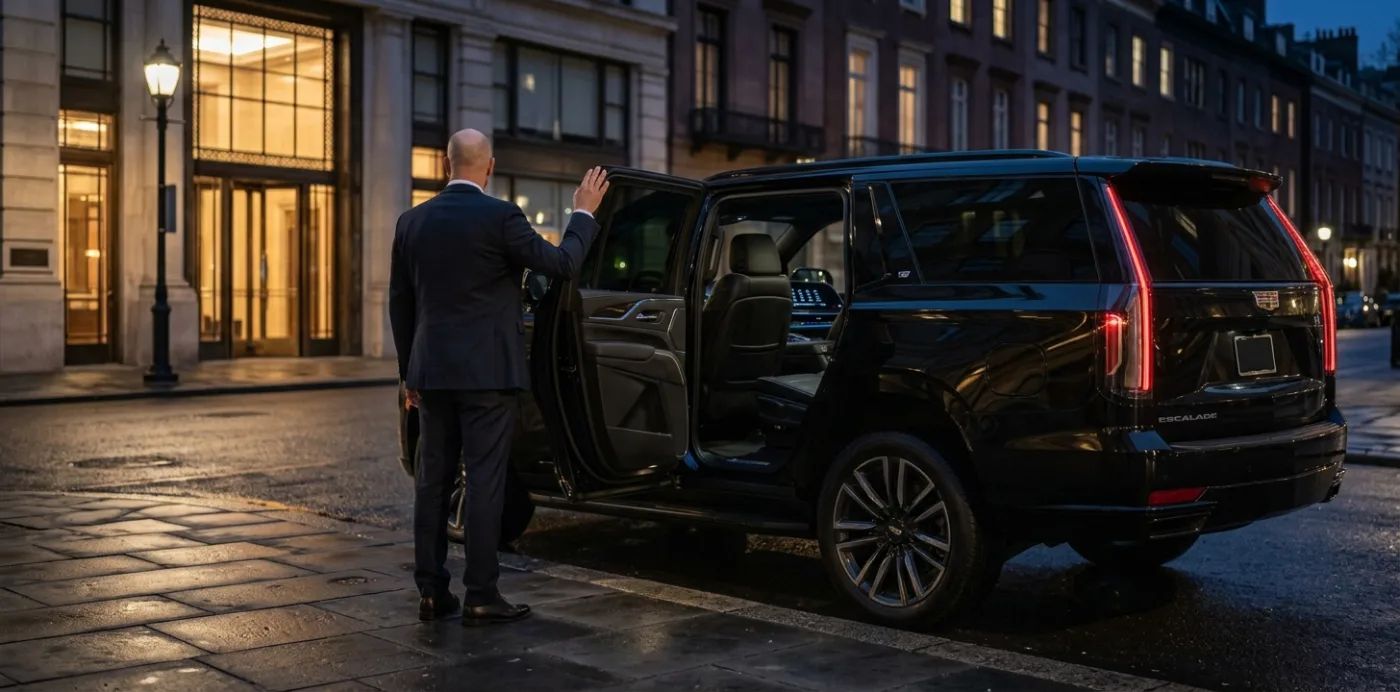 A chauffeur holding the rear door of a black car open for a passenger.