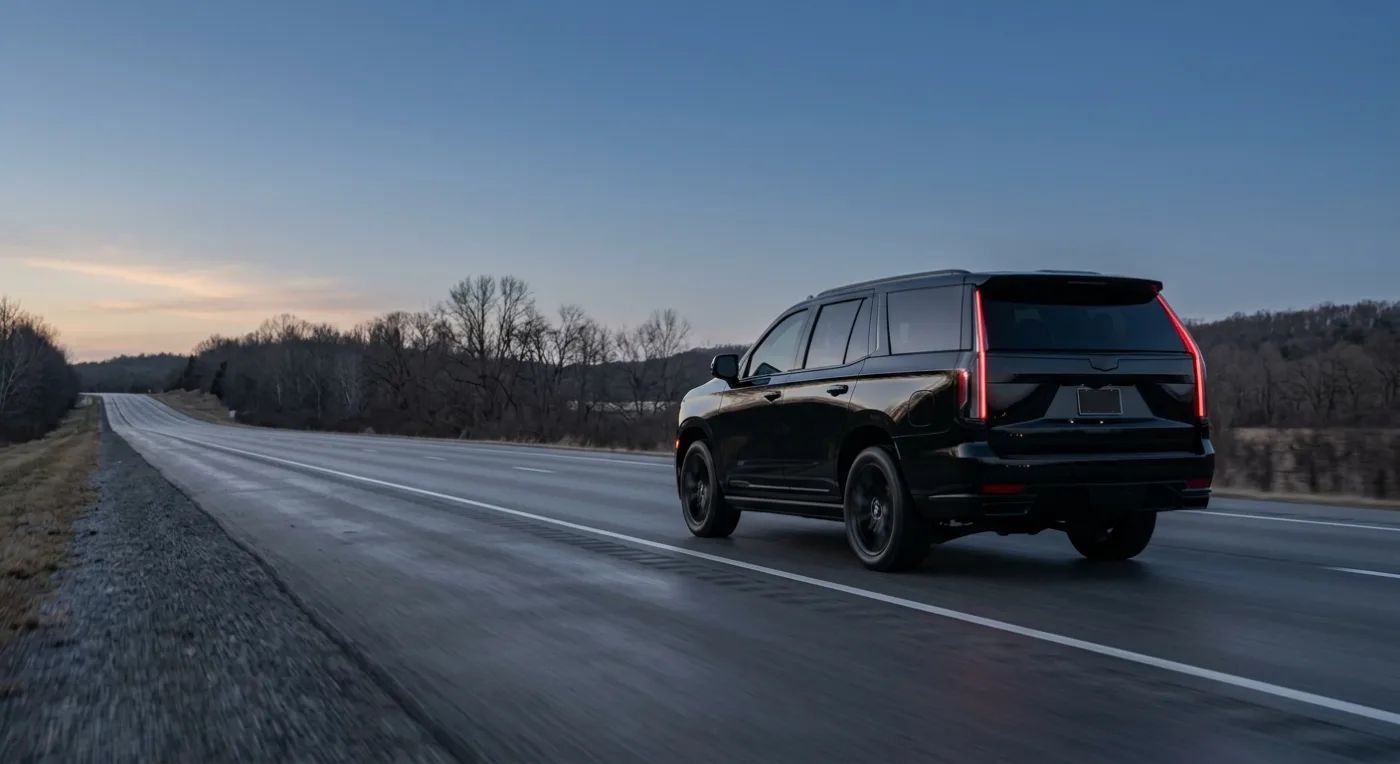 A black Cadillac Escalade on an interstate highway between cities.