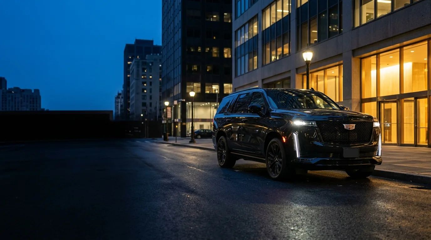 A black Cadillac Escalade at a Manhattan kerb at blue hour.