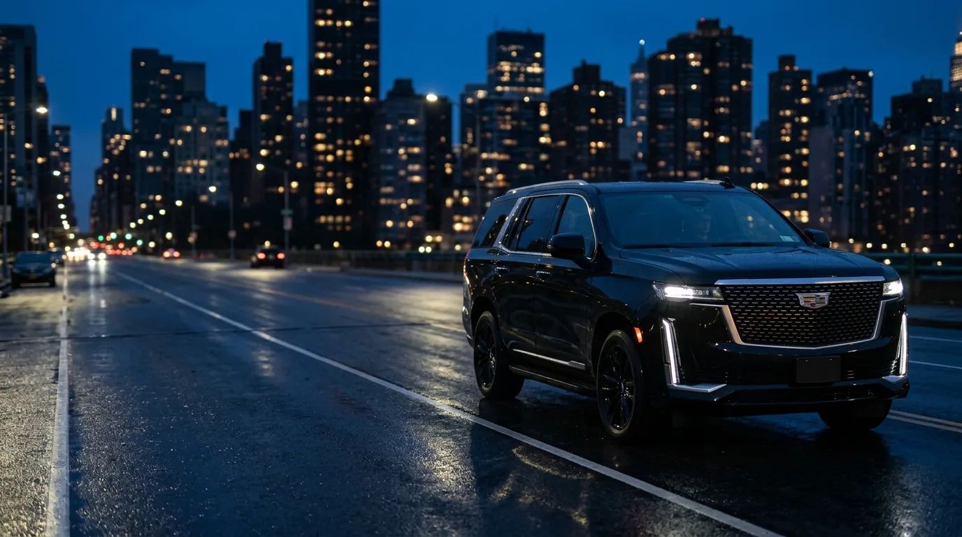 A black Cadillac Escalade with the Manhattan skyline behind it.