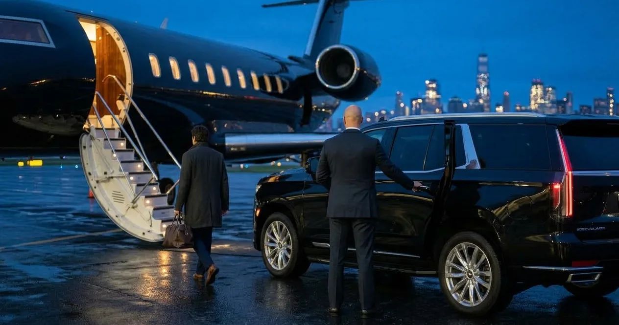 A black Cadillac Escalade waiting on the ramp beside a private jet at an FBO.