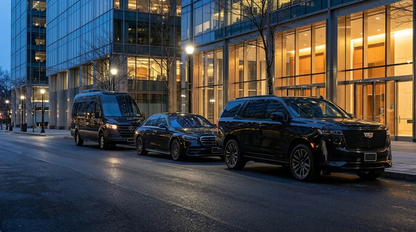The Northline fleet lined up at blue hour: an SUV, a sedan and a Sprinter van.