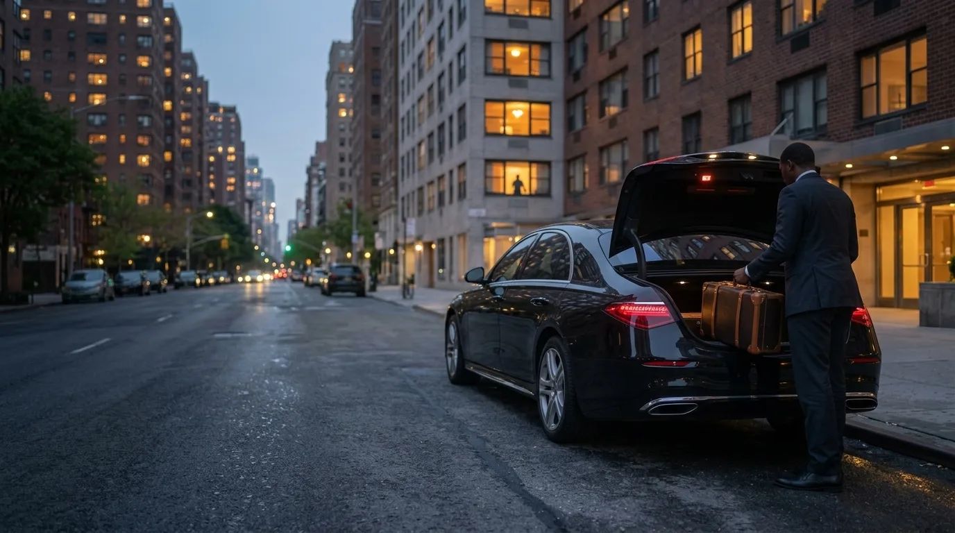 A chauffeur holding the rear door of a black Cadillac Escalade open at a New York kerb.