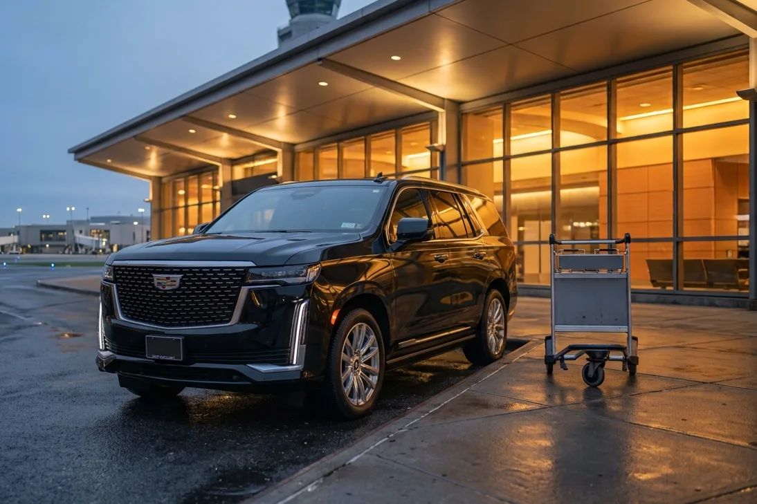 A chauffeur waiting beside a black SUV at an airport terminal kerb.