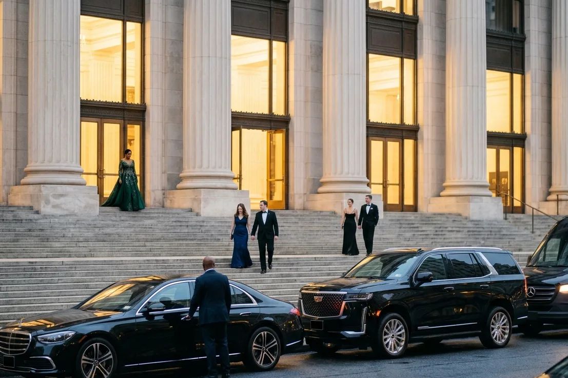 Black vehicles lined up outside an event entrance in the evening.