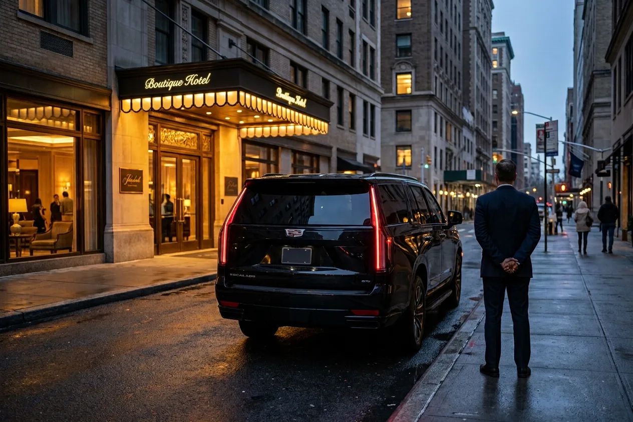 A chauffeured sedan waiting at the kerb between stops.