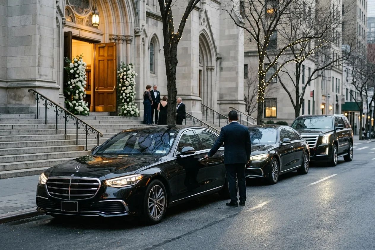 A black sedan outside a wedding venue.