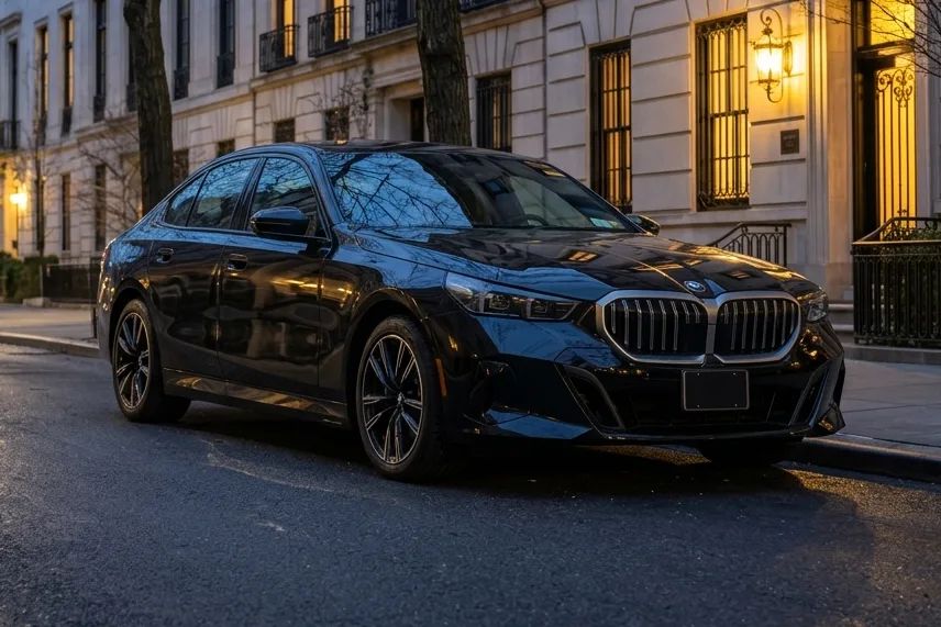A black BMW 5 Series on a city street at blue hour.