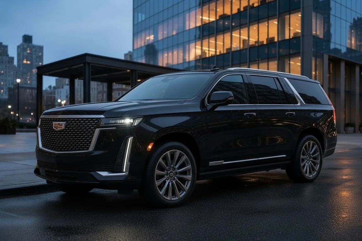 A black Cadillac Escalade at the kerb at blue hour.