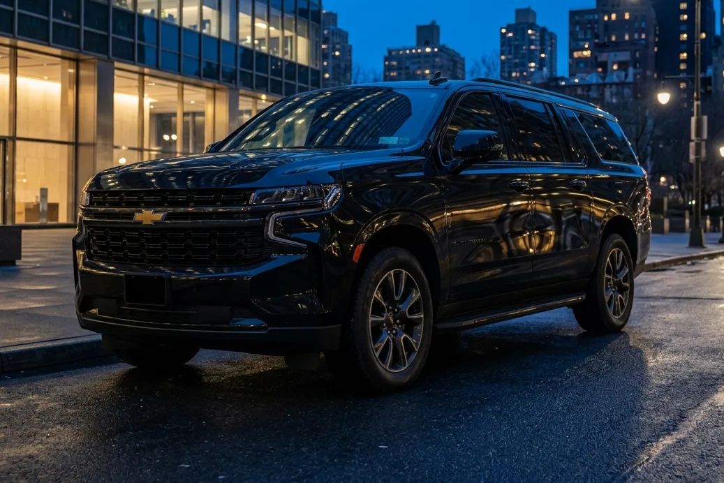 A black Chevrolet Suburban at the kerb at blue hour.